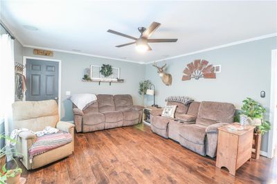 Living room with ornamental molding, ceiling fan, and dark wood-type flooring | Image 2