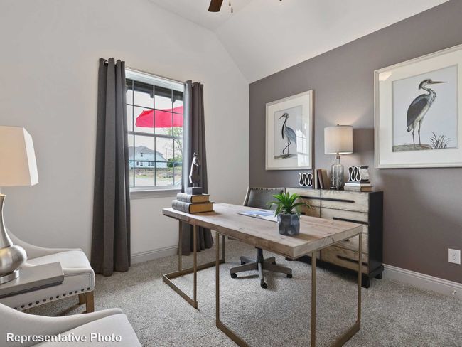Office area with carpet floors, lofted ceiling, baseboards, and ceiling fan | Image 16