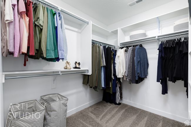Walk in closet featuring visible vents and carpet floors | Image 24
