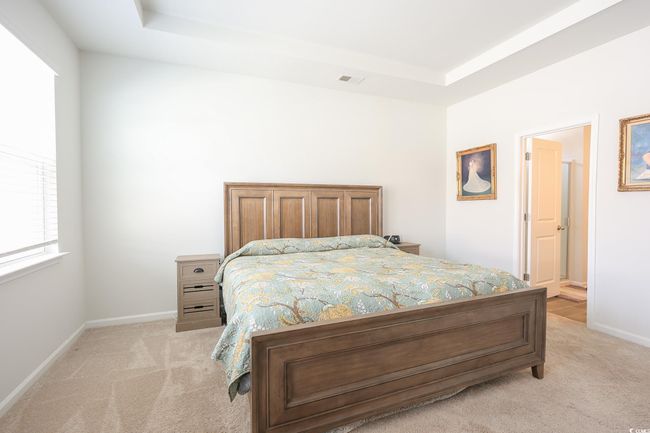 Bedroom featuring visible vents, light colored carpet, a raised ceiling, and baseboards | Image 11