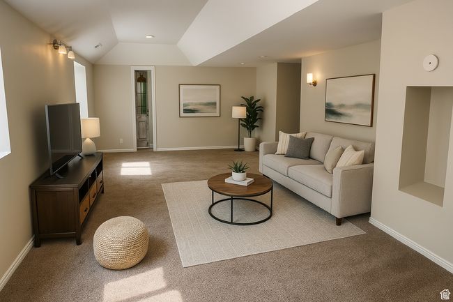 Living room featuring carpet flooring, baseboards, and lofted ceiling | Image 19