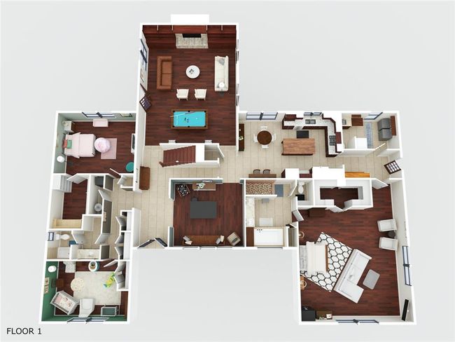 This floor plan features a spacious open-concept layout with a large living and dining area, seamlessly connected to a modern kitchen with an island. There are three bedrooms, including a master suite with an ensuite bathroom. Additional amenities include a family room, a game room, and a laundry room. The design emphasizes functionality and comfort, ideal for family living. | Image 48