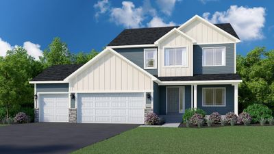 EXTERIOR COLOR SCHEME WILL BE DIFFERENT. Rendering showcases a spacious concrete front porch & stone accents. Highlights include an unfinished lower level & Pella windows. Rendering may not depict actual material & finishes selected for this home. | Image 1