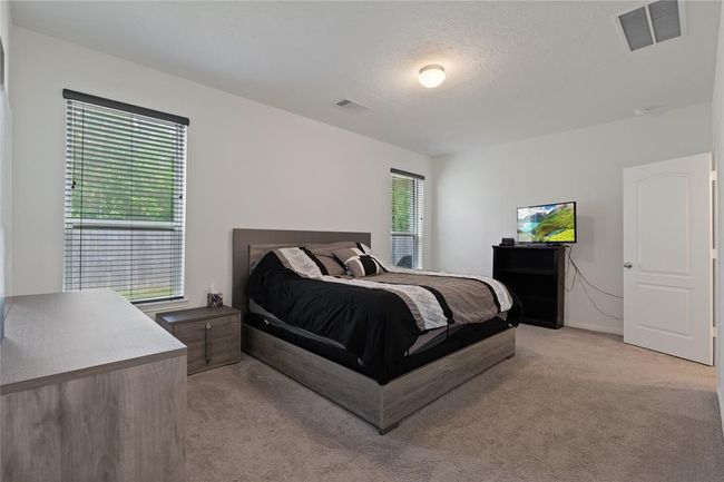 This bedroom is spacious and bright, featuring neutral carpeting, two windows with blinds, and modern furniture. It includes a large bed, a dresser, and a TV on a stand, creating a comfortable and inviting atmosphere. | Image 12