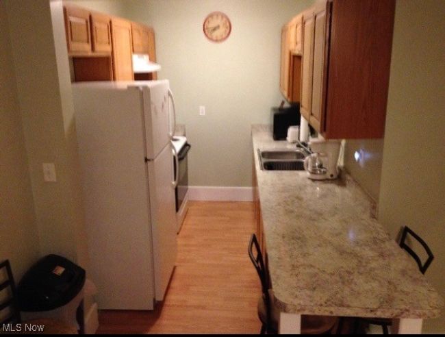 Kitchen featuring white fridge, light hardwood / wood-style flooring, and sink | Image 8