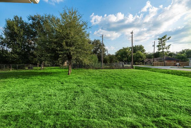 This photo showcases a spacious, lush green backyard with mature trees. It offers a serene setting, bordered by a chain-link fence, and has a view of the surrounding residential area under a clear blue sky. Perfect for outdoor activities and relaxation. | Image 44