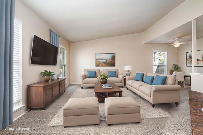 Living room featuring carpet floors, lofted ceiling, and ceiling fan | Image 4