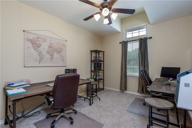Home office with baseboards, carpet flooring, and ceiling fan | Image 17