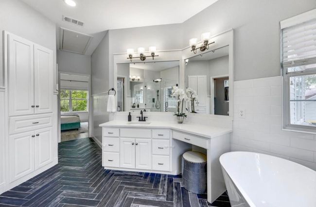 Bathroom featuring ensuite bathroom, visible vents, vanity, a stall shower, and a freestanding bath | Image 21