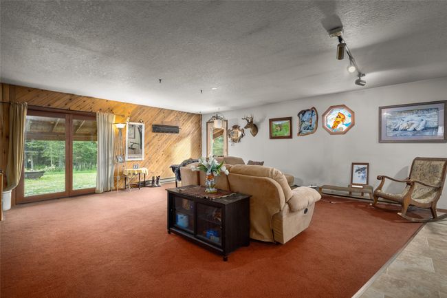 Living room with a textured ceiling, wood walls, carpet flooring, and track lighting | Image 33