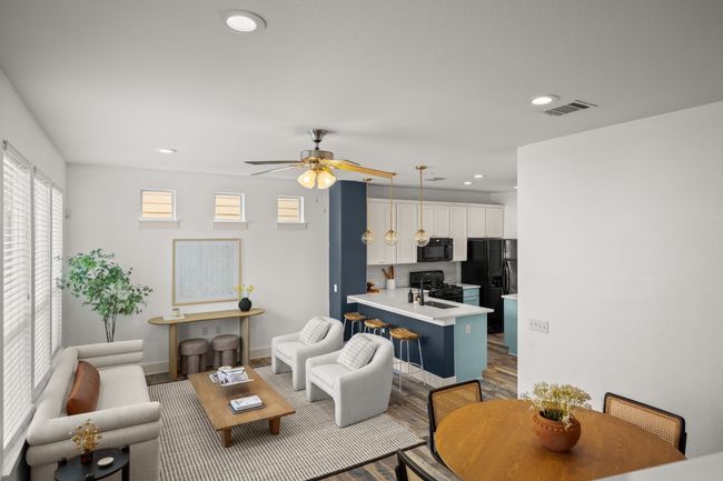 Living room featuring wood finished floors, recessed lighting, ceiling fan, and baseboards | Image 6