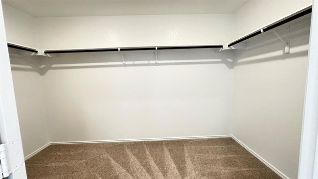 Walk in closet featuring dark colored carpet | Image 21