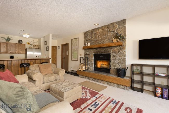 Carpeted living room with baseboard heating, a stone fireplace, and a textured ceiling | Image 24