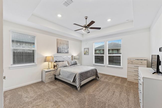 Bedroom featuring a tray ceiling, carpet, and visible vents | Image 15