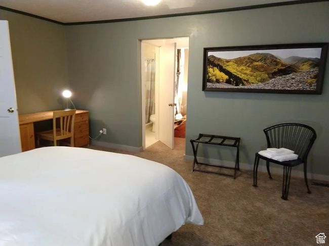 Carpeted bedroom with crown molding, baseboards, and visible vents | Image 8