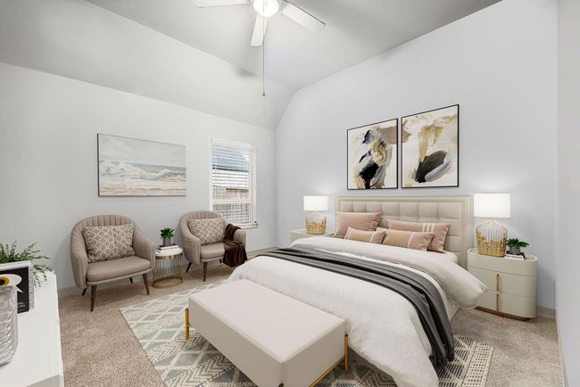 Secondary bedroom features plush carpet, neutral paint, ceiling fan with lighting and a large window with privacy blinds. *virtual staged* | Image 17