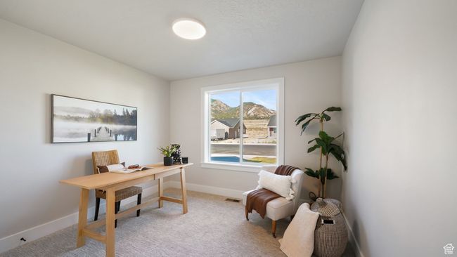 Home office with light carpet and baseboards | Image 14