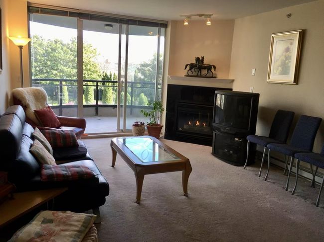 Carpeted living area featuring a glass covered fireplace and rail lighting | Image 5