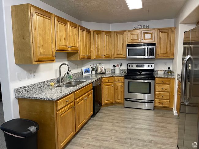 Inviting kitchen featuring stainless steel appliances, granite counters, light wood-style floors, knotty alder cabinetry, and a textured ceiling | Image 6