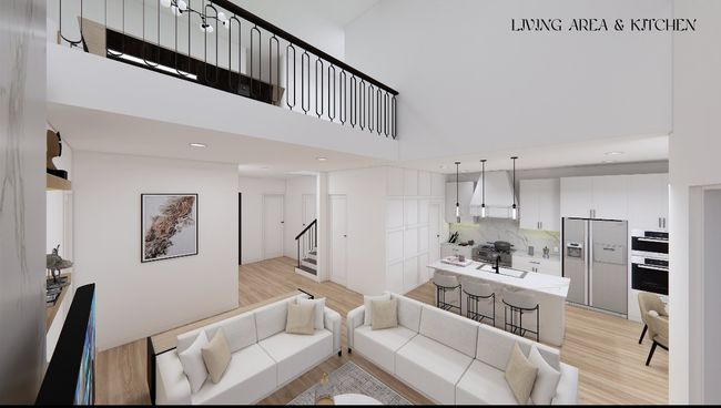 Living area with stairs, a high ceiling, and light wood-type flooring | Image 17