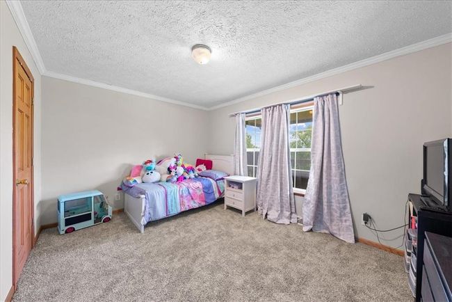 Carpeted bedroom featuring baseboards, a textured ceiling, and ornamental molding | Image 19