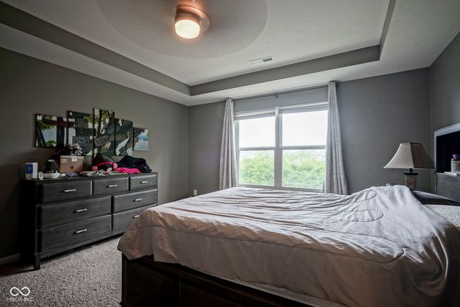 bedroom featuring light colored carpet, a tray ceiling, and a ceiling fan | Image 20