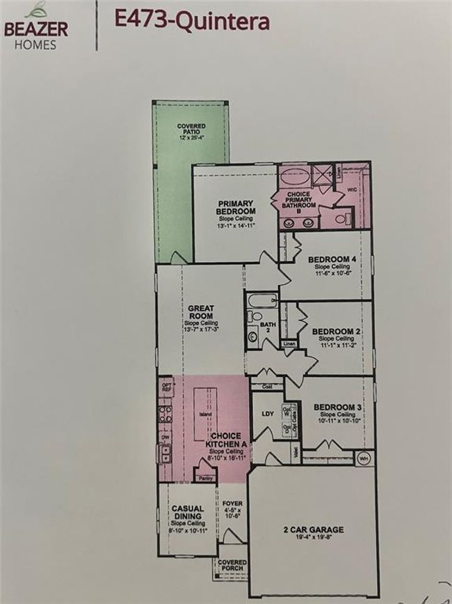 This is a floor plan for a single-story home called "E473-Quintera" by Beazer Homes. It features four bedrooms, two bathrooms, an open-concept kitchen and great room, a casual dining area, and a two-car garage. The primary bedroom has an ensuite bathroom and a walk-in closet. There is a covered patio at the back and a covered porch at the entrance. | Image 37