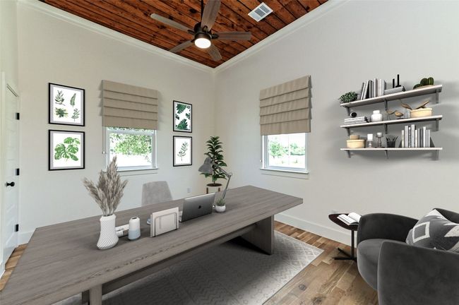 Office space featuring wood ceiling, ceiling fan, crown molding, and wood finished floors | Image 17