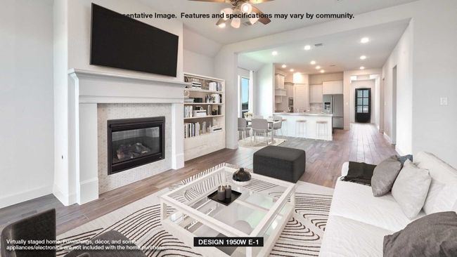 Living area featuring ceiling fan, light wood-type flooring, a glass covered fireplace, and recessed lighting | Image 4