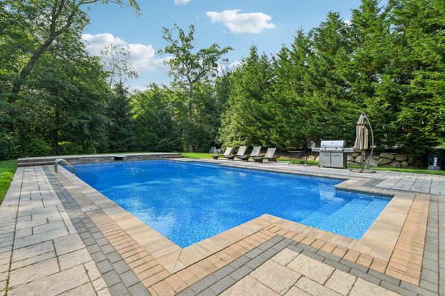 Outdoor pool with a sitting ledge and patio and area for grilling | Image 42