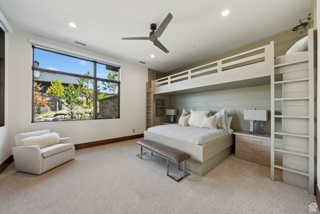 Bedroom featuring carpet flooring, baseboards, recessed lighting, and a ceiling fan | Image 35