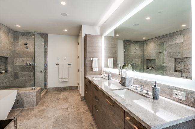 Full bathroom with a freestanding bath, a stall shower, double vanity, and recessed lighting | Image 20
