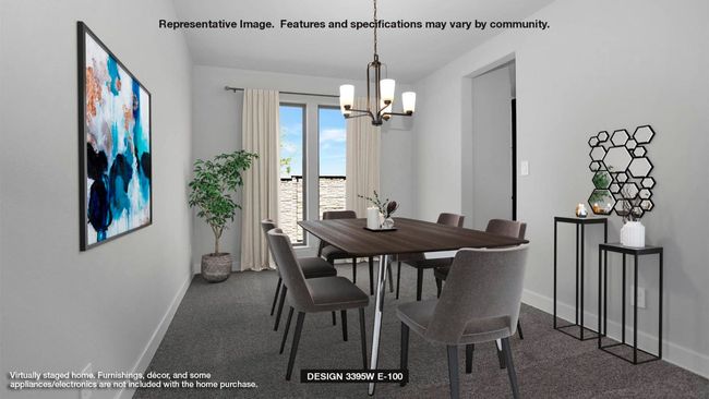 Dining area with carpet flooring and a chandelier | Image 5