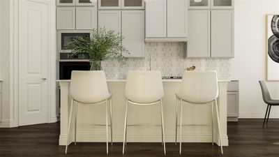 Kitchen featuring decorative backsplash, dark wood-type flooring, and white cabinetry | Image 3