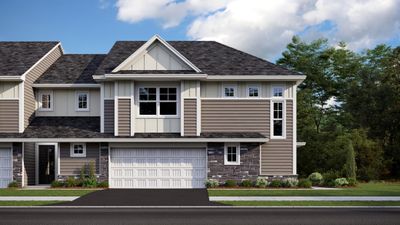 A stunning display from the street, introducing our Jefferson plan. This home comes complete with irrigation, landscaping, trees and a full yard of sod! (Exterior rendering, actual home's finishes may vary slightly) | Image 1