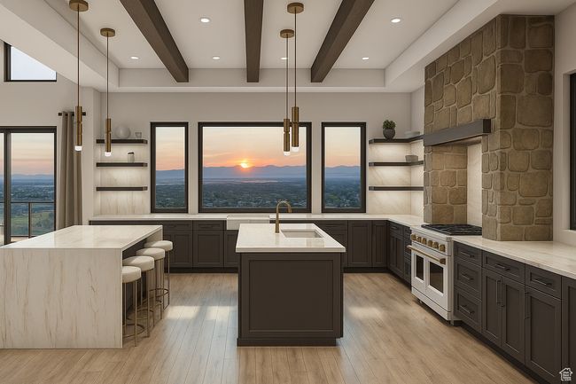 Kitchen featuring open shelves, double oven range, a center island with sink, beamed ceiling, and light stone counters | Image 14
