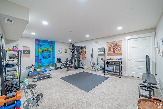 Workout area featuring recessed lighting, carpet floors, and baseboards | Image 22