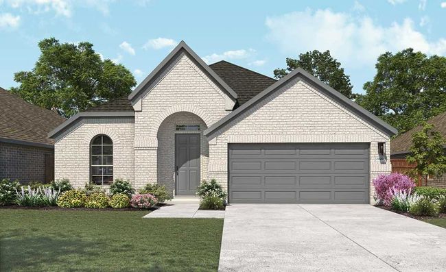 French country inspired facade featuring brick siding, concrete driveway, a garage, a front yard, and a shingled roof | Image 14