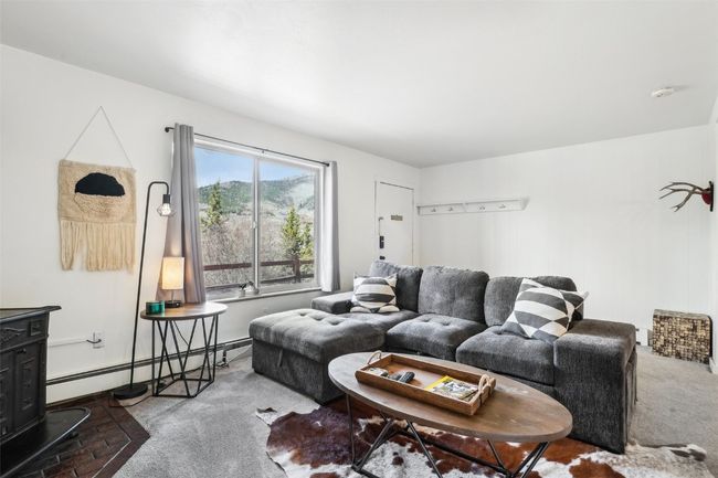 Living area featuring a baseboard radiator, a wood stove, and carpet | Image 4