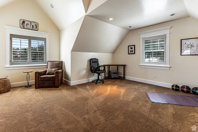 Living area with baseboards, carpet flooring, lofted ceiling, and recessed lighting | Image 24