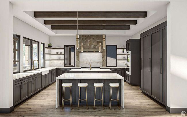 Kitchen with open shelves, a center island, decorative backsplash, light wood-style flooring, and beamed ceiling | Image 12