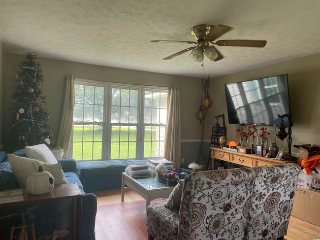 Living room featuring healthy amount of natural light, a ceiling fan, light wood-style flooring, and a textured ceiling | Image 11