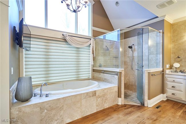Master bathroom with wood floors and high ceilings over soaking tub with beautiful backyard views. | Image 17