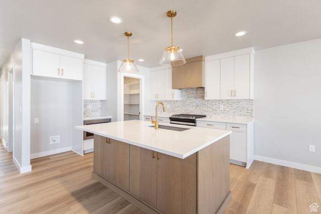 Kitchen featuring a sink, tasteful backsplash, light wood-type flooring, white cabinetry, and recessed lighting | Image 8