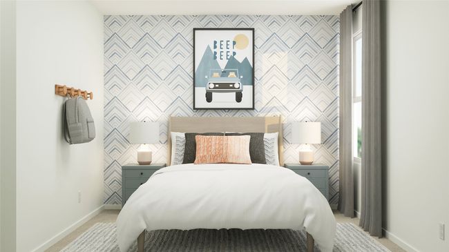 Bedroom with light colored carpet and an accent wall | Image 21