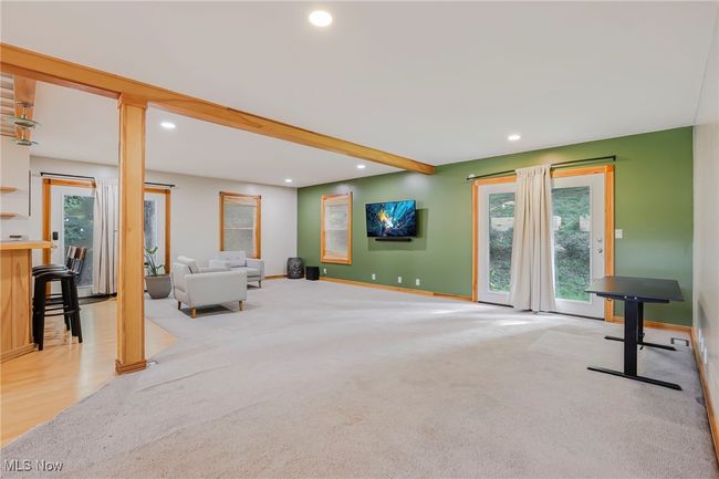 Living room featuring recessed lighting, carpet floors, and beamed ceiling | Image 7
