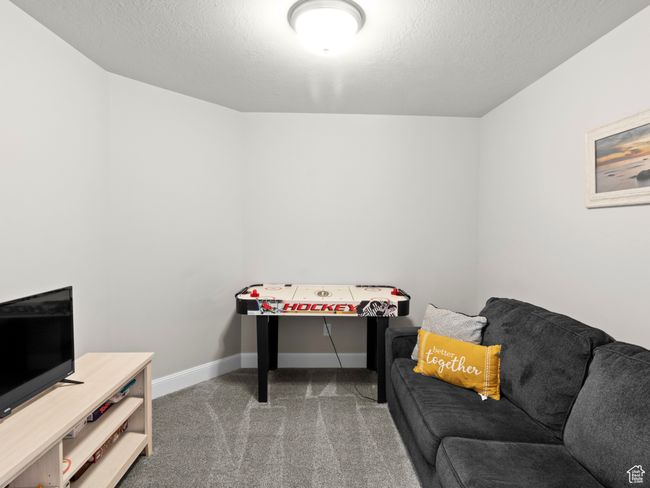 Recreation room featuring a textured ceiling, carpet, and baseboards | Image 23