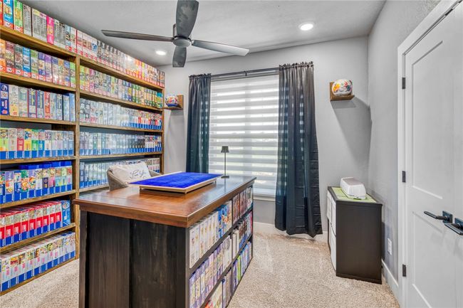 Office featuring ceiling fan and light colored carpet | Image 27