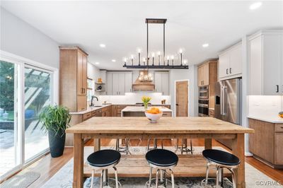 Gourmet Kitchen with two tone cabinets, stainless steel appliance, and waterfall island | Image 1