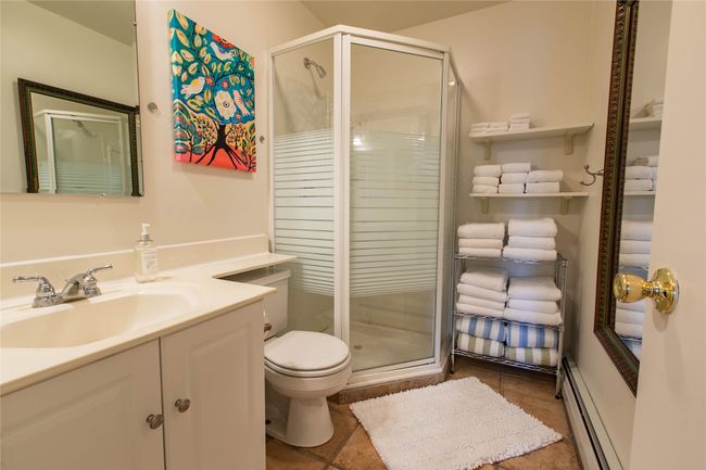 Full bath with toilet, vanity, a baseboard radiator, and a stall shower | Image 14